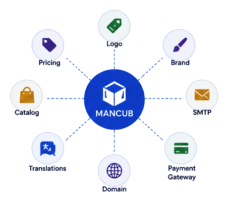 The Mancub hub connected to eight provider-owned assets: logo, brand, SMTP, payment gateway, domain, catalog, translations, and pricing.